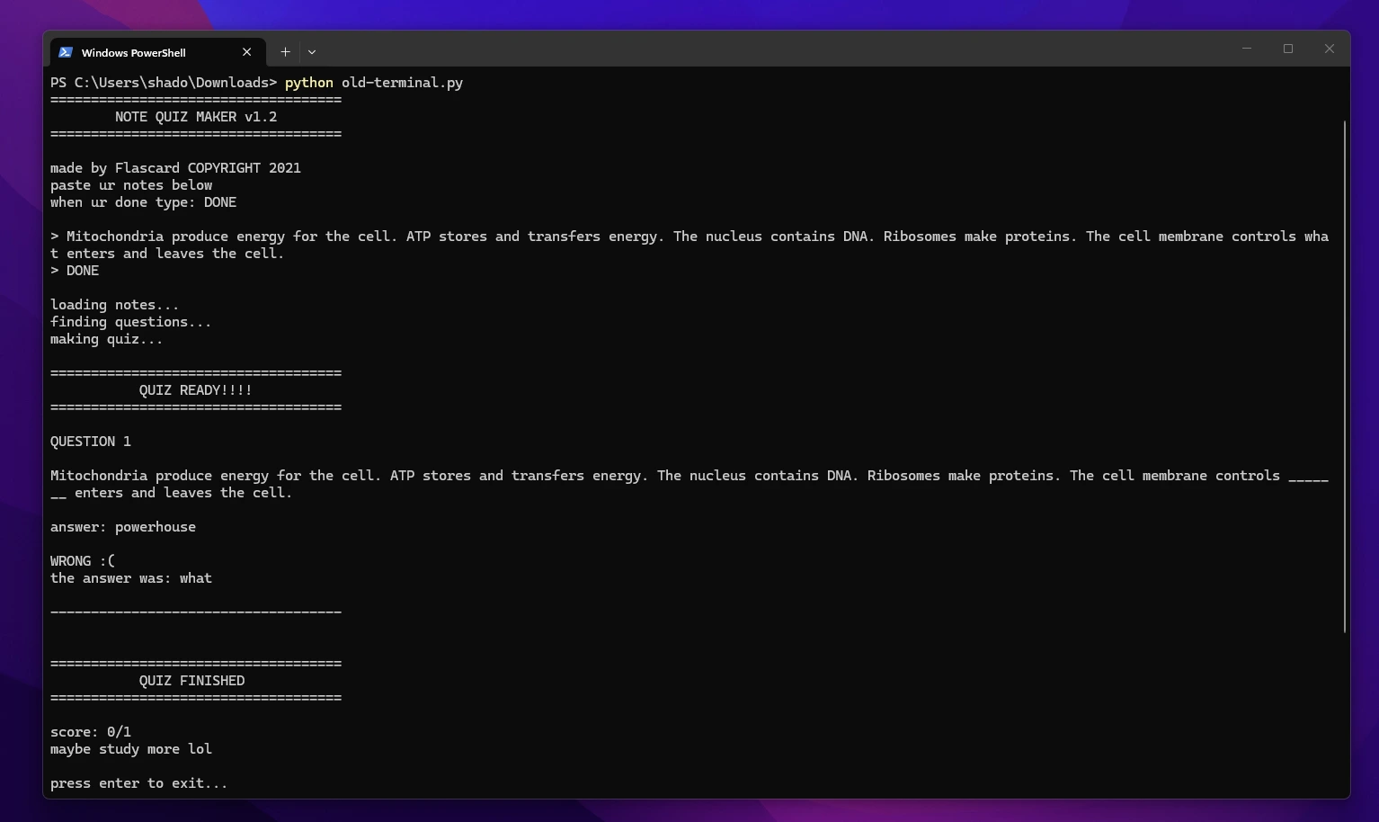 The terminal quiz choosing what as the missing word, marking powerhouse wrong, and ending with maybe study more lol