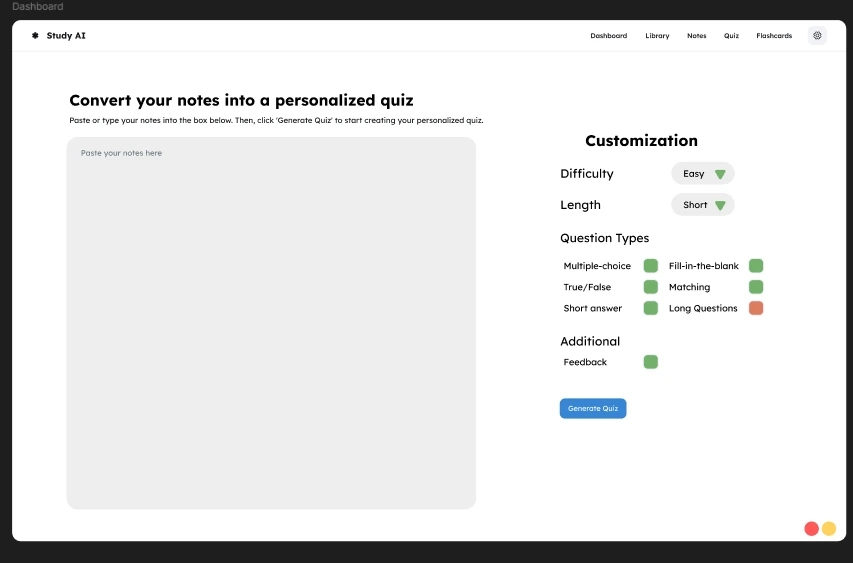Study AI quiz maker with question type switches and a large empty text box