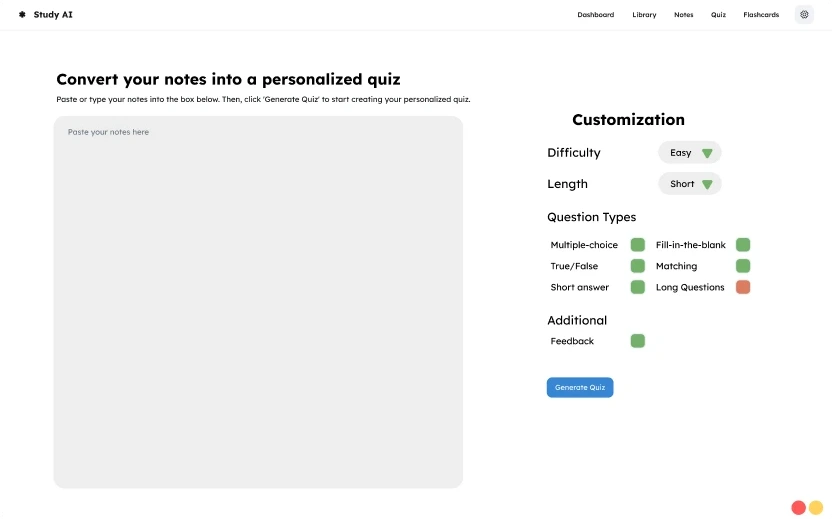 Study AI quiz maker with question type switches and a large empty text box