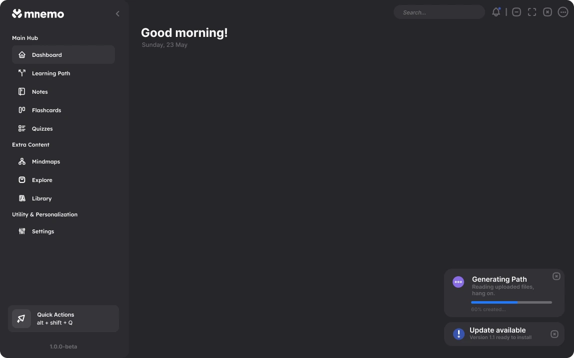A dark Mnemo dashboard with a long sidebar and an almost empty main area