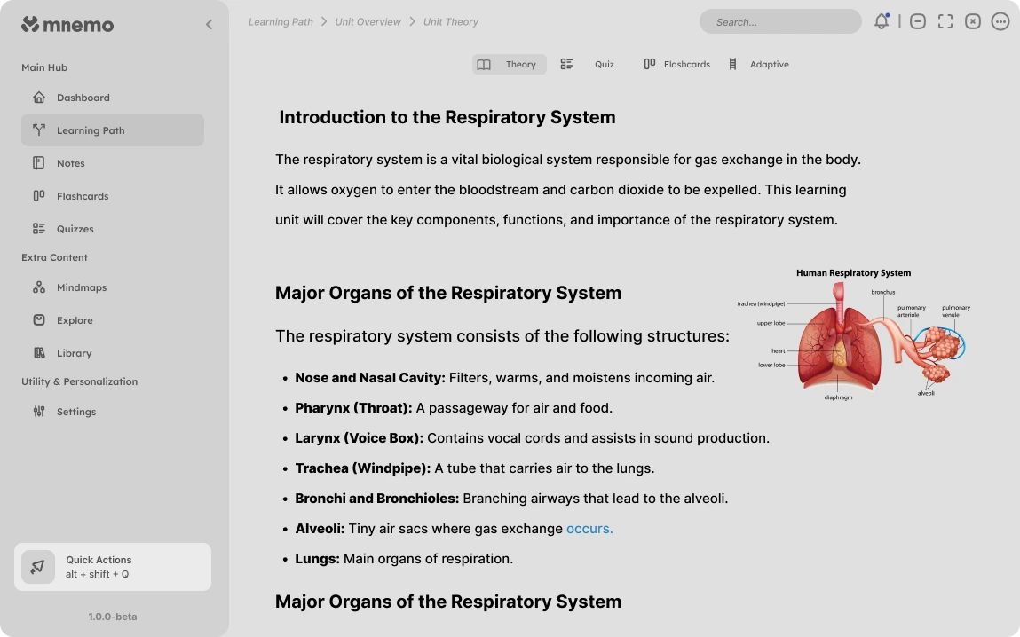 A respiratory system lesson with Theory, Quiz, Flashcards and Adaptive tabs