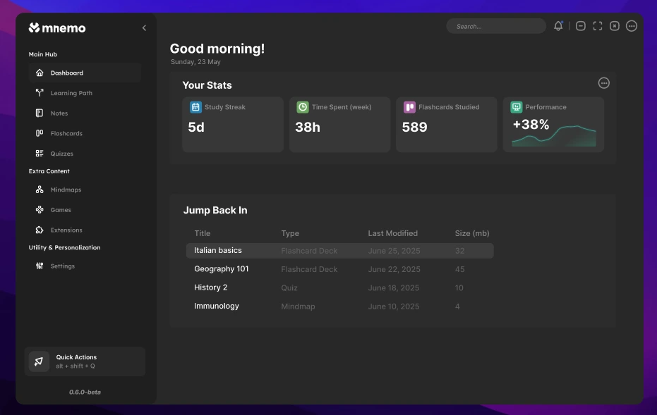 A dark dashboard with study statistics, recent work, games and extensions