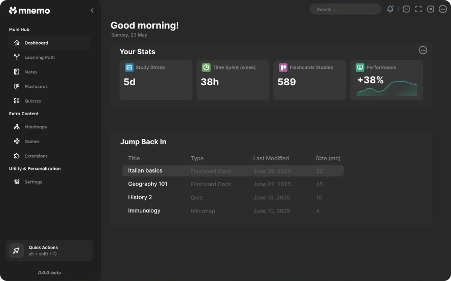 A dark dashboard with study statistics, recent work, games and extensions