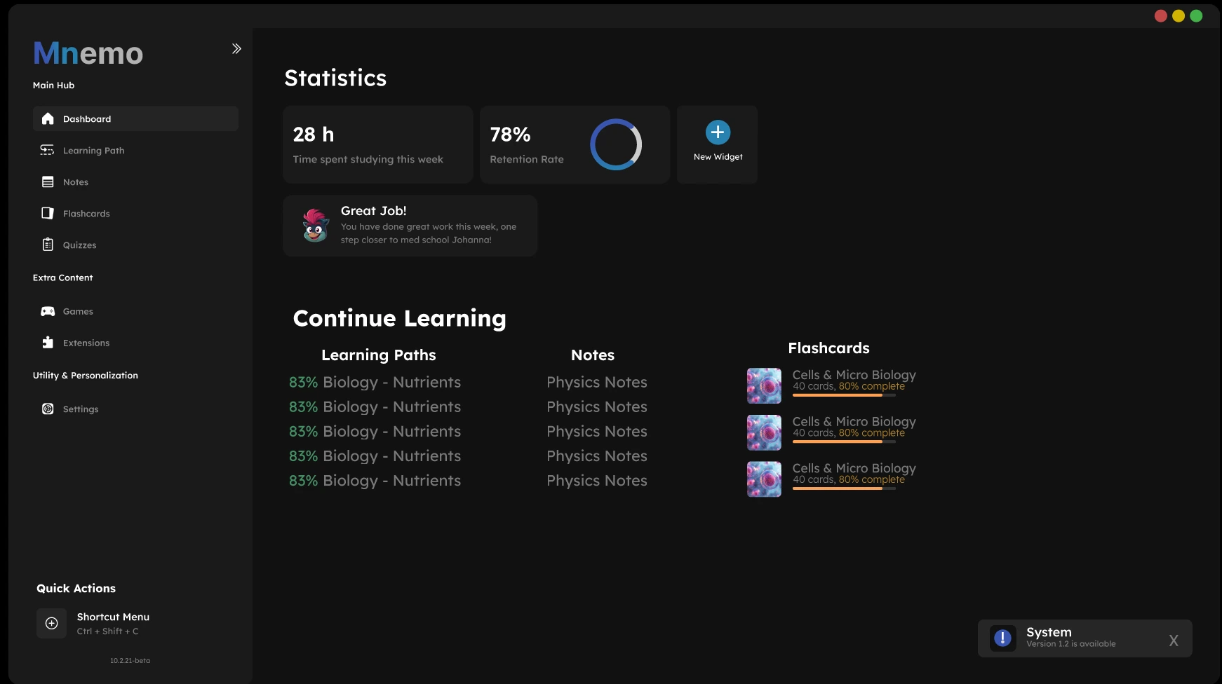 A dashboard with a blue Mnemo wordmark and repeated Biology entries