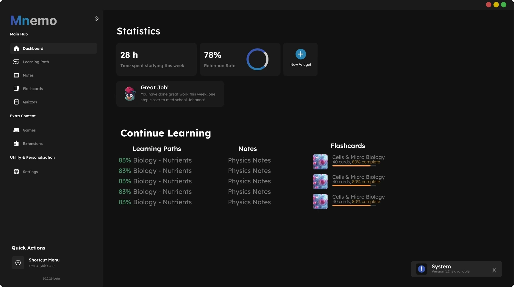 A dashboard with a blue Mnemo wordmark and repeated Biology entries