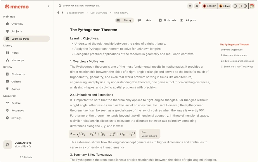A light Mnemo design showing a lesson on the Pythagorean theorem