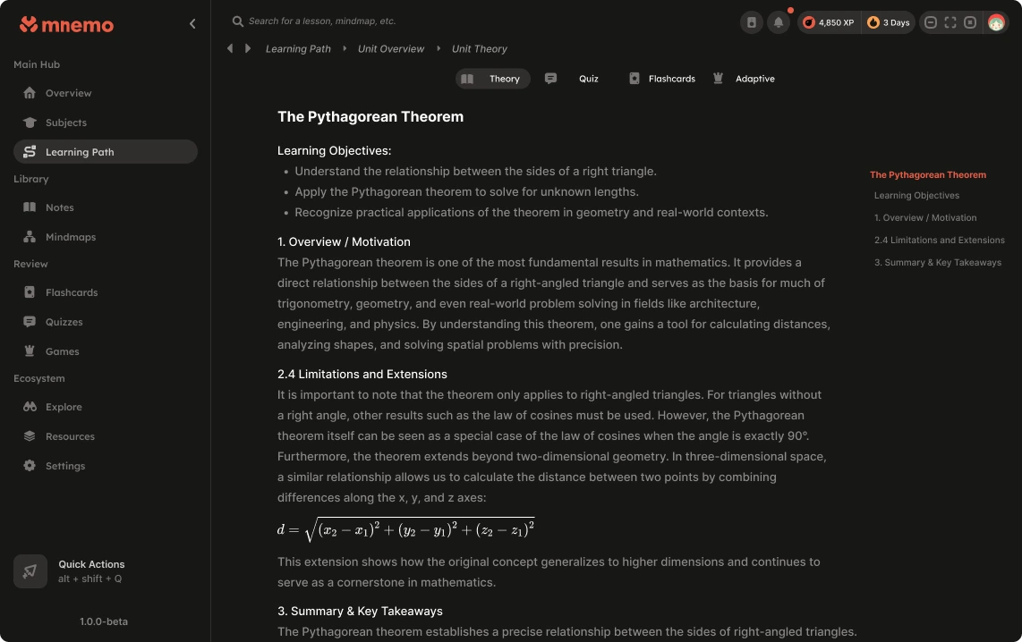 The same Pythagorean theorem lesson in a dark Mnemo design