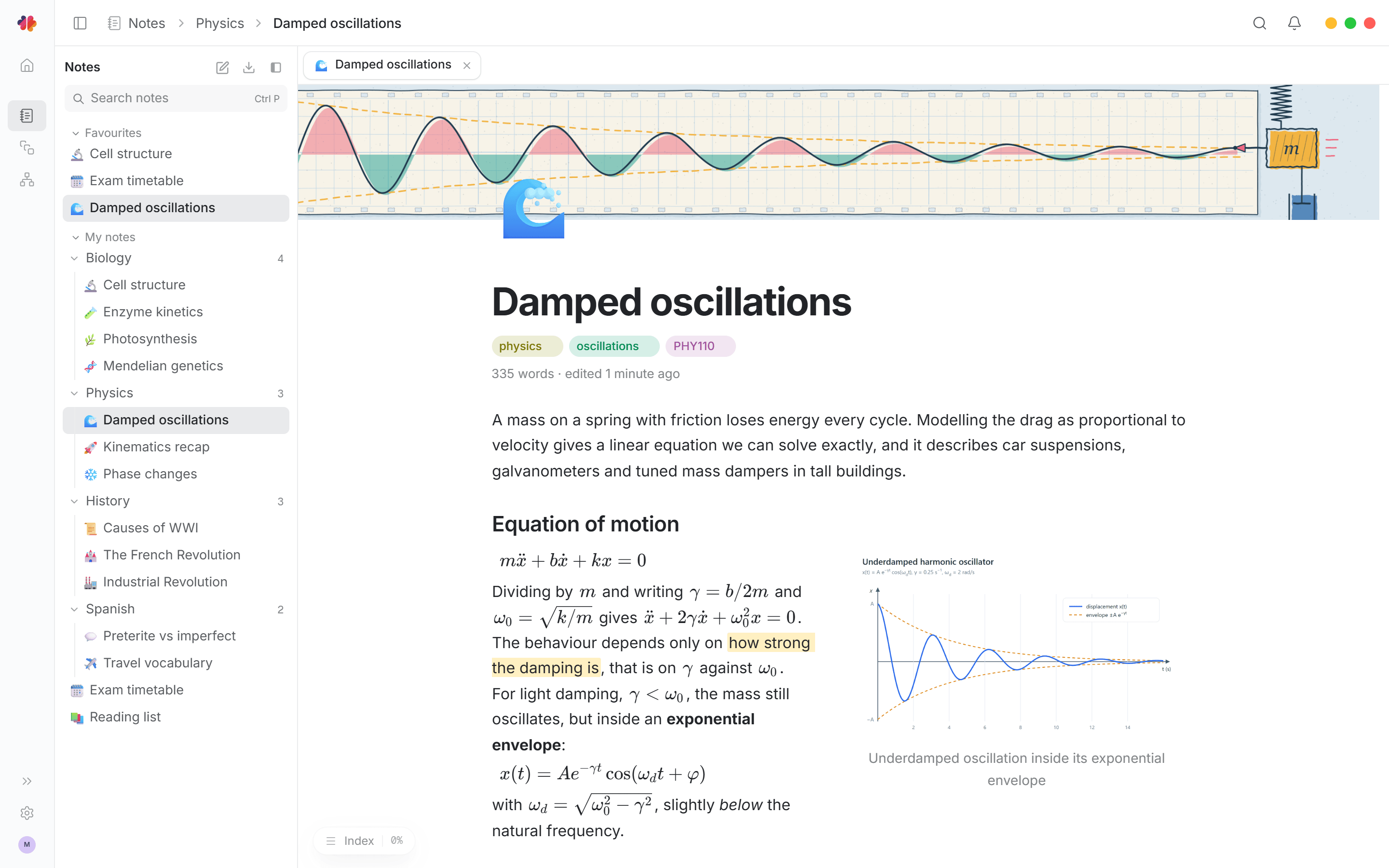 Mnemo’s notes editor, showing a chemistry curriculum with an equilibrium graph and subject folders in the sidebar