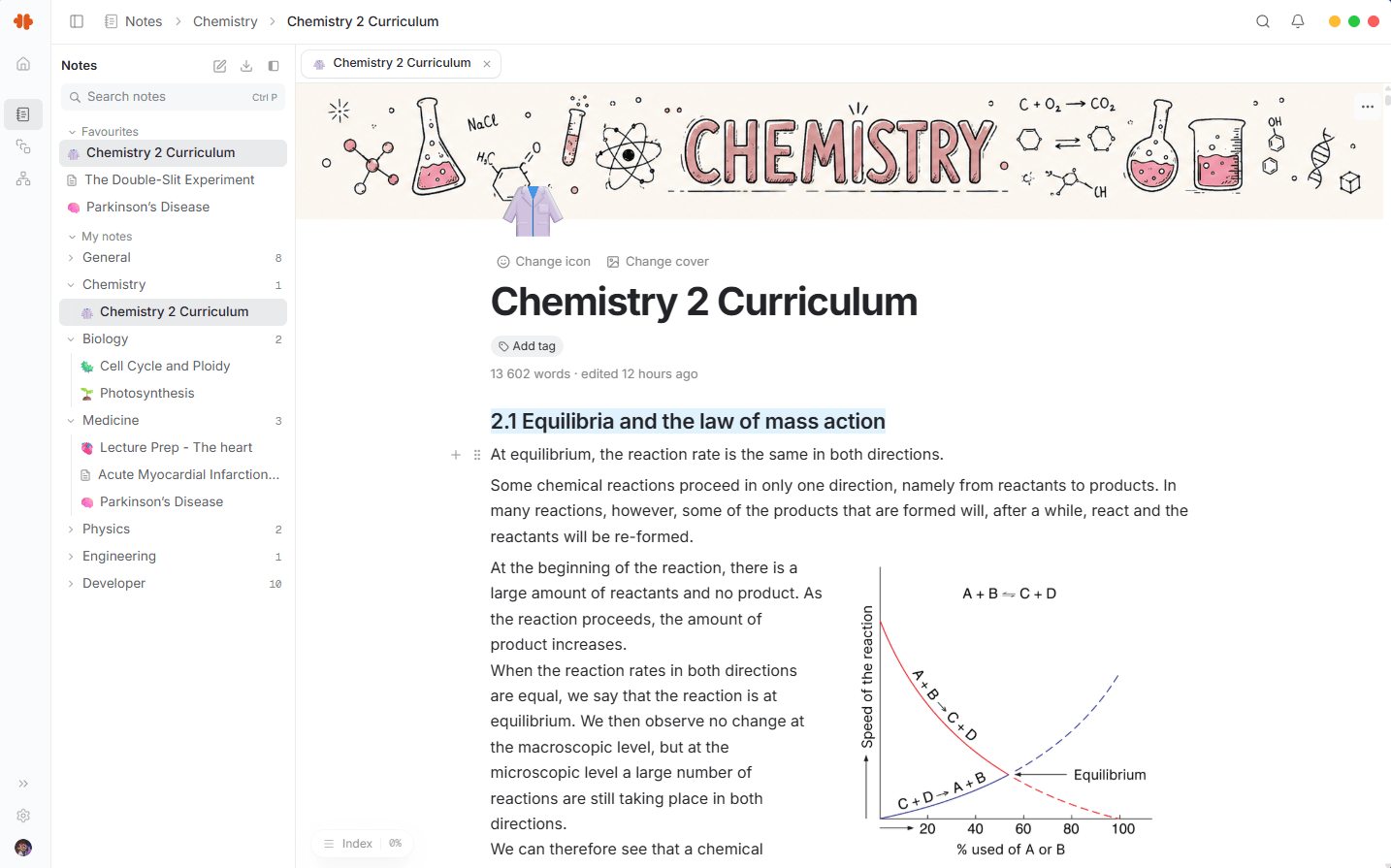 Current Mnemo showing chemistry notes, subject folders and an equilibrium graph